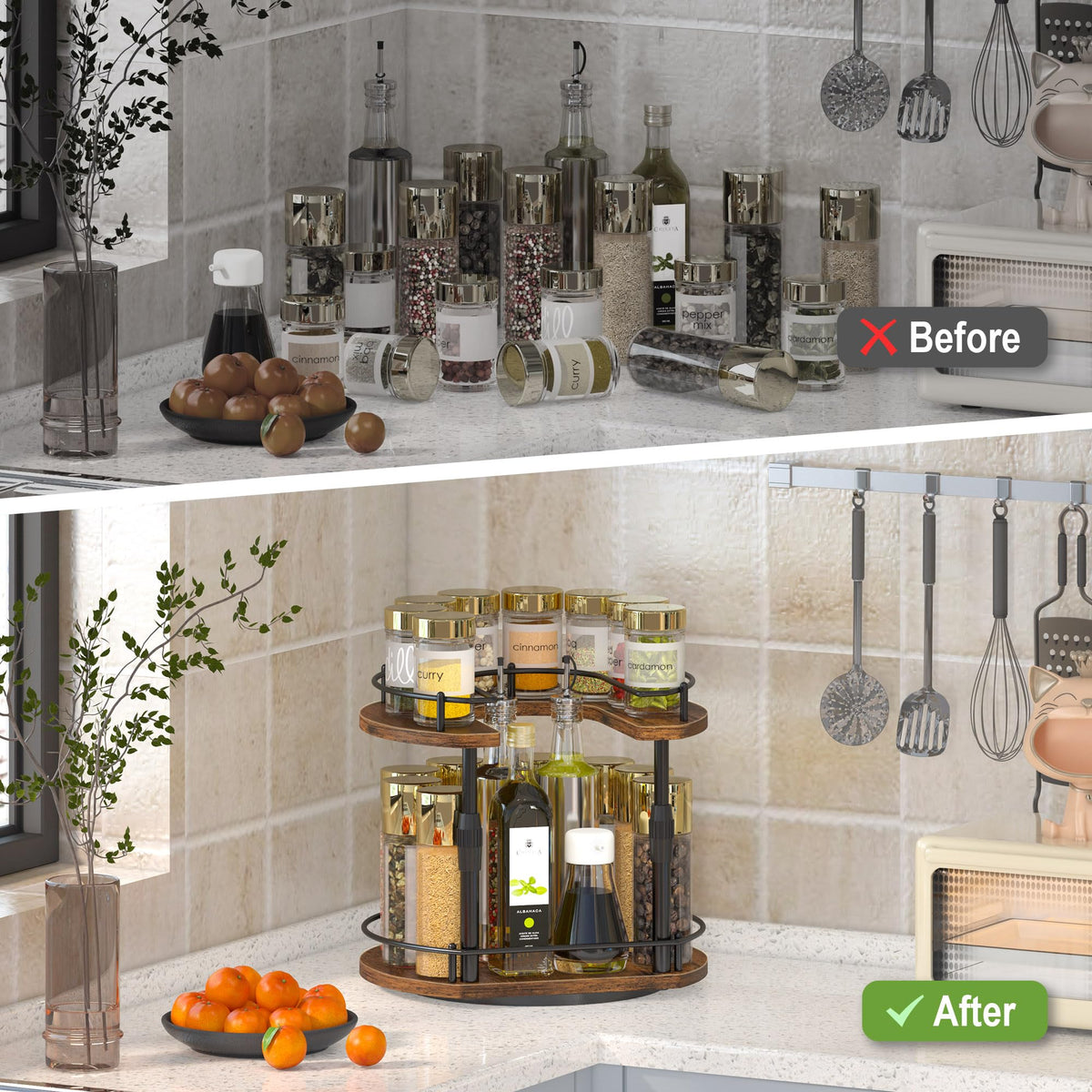 Across-Star two-tier countertop organizer keeps spices within easy reach.