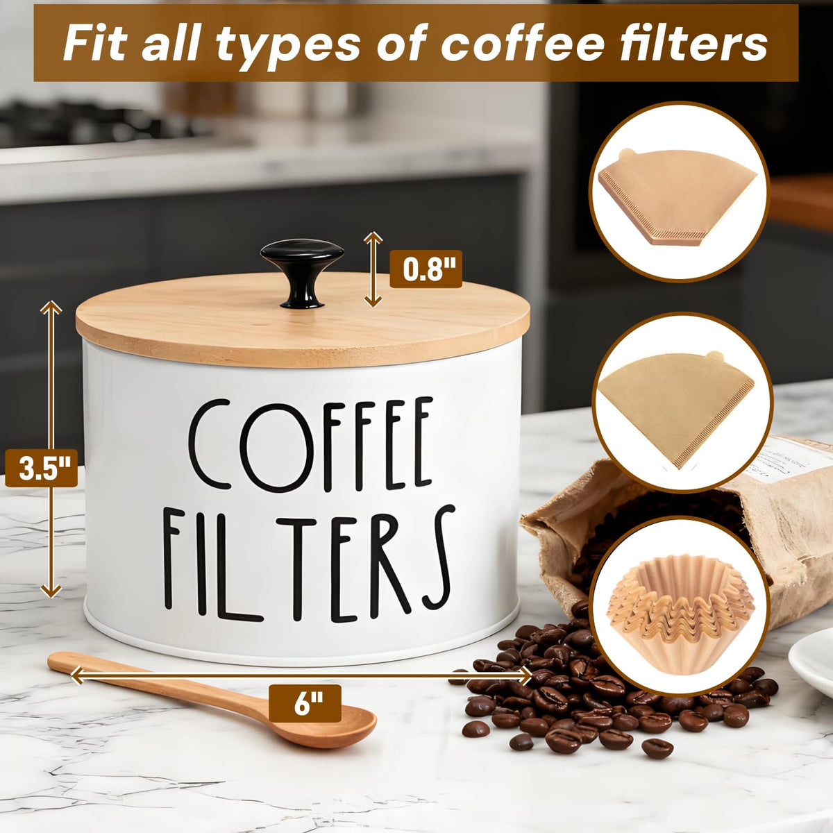 Acshio metal-base coffee filter storage container keeps filters neatly organized on the counter