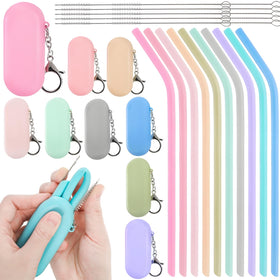 Acshio silicone straw set with case, ideal for home or travel hydration.