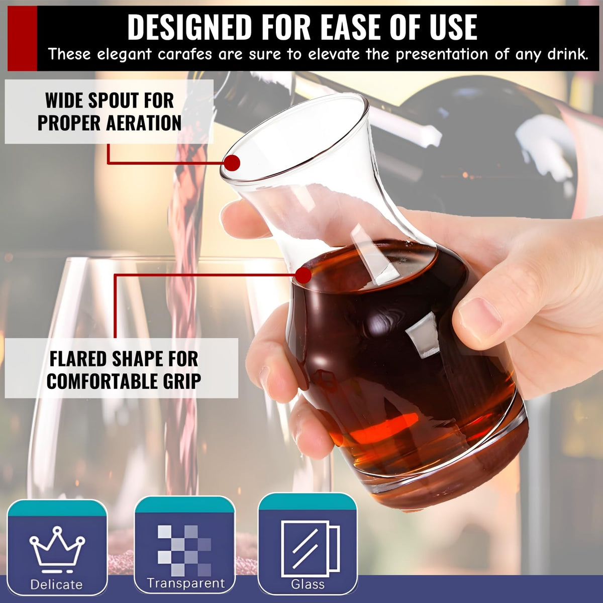 Acshio carafe with wide mouth and narrow neck design for easy pouring