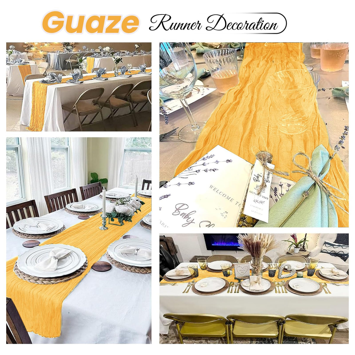 ACSUIT gauze table runner paired with candles and florals for a graceful tablescape.