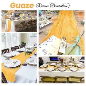 ACSUIT gauze table runner paired with candles and florals for a graceful tablescape.