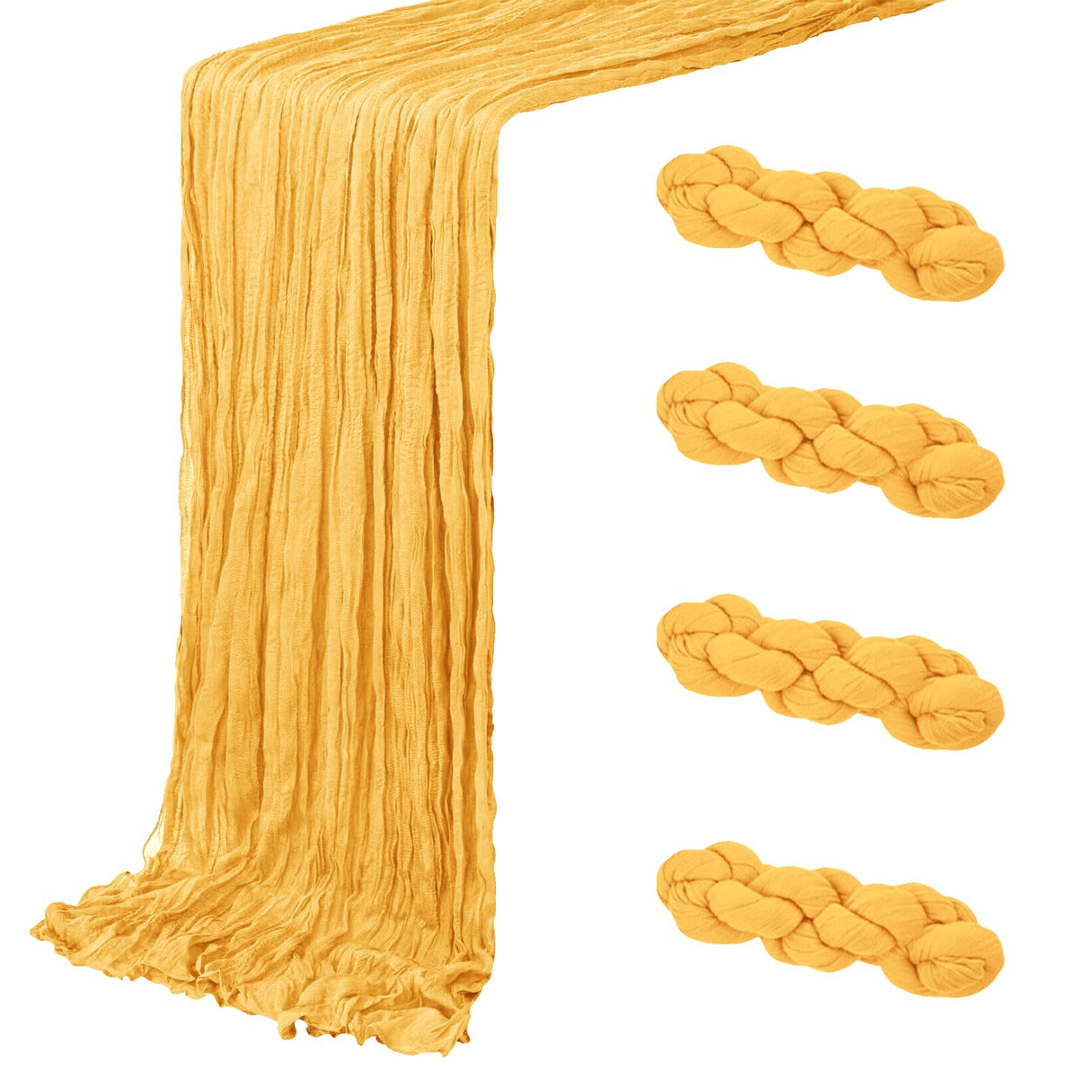 ACSUIT gold cheesecloth table runner decorates elegant wedding reception tables.