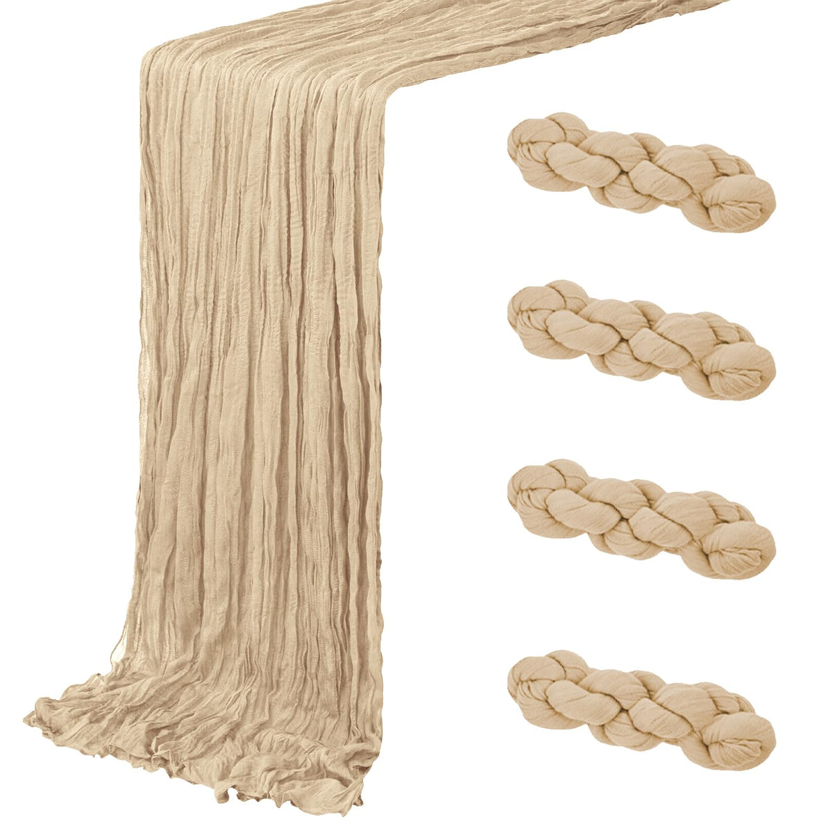ACSUIT 4-pack beige cheesecloth table runner with soft folds for elegant wedding tables.
