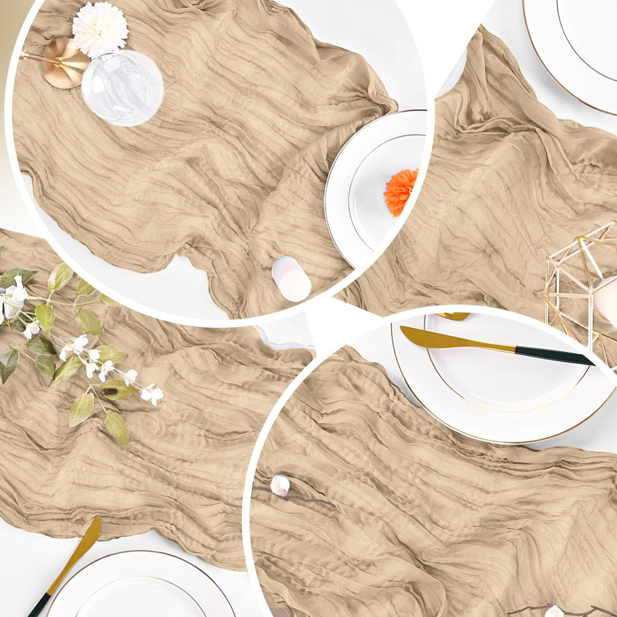 Durable seams and lightweight drape support dramatic centerpieces.