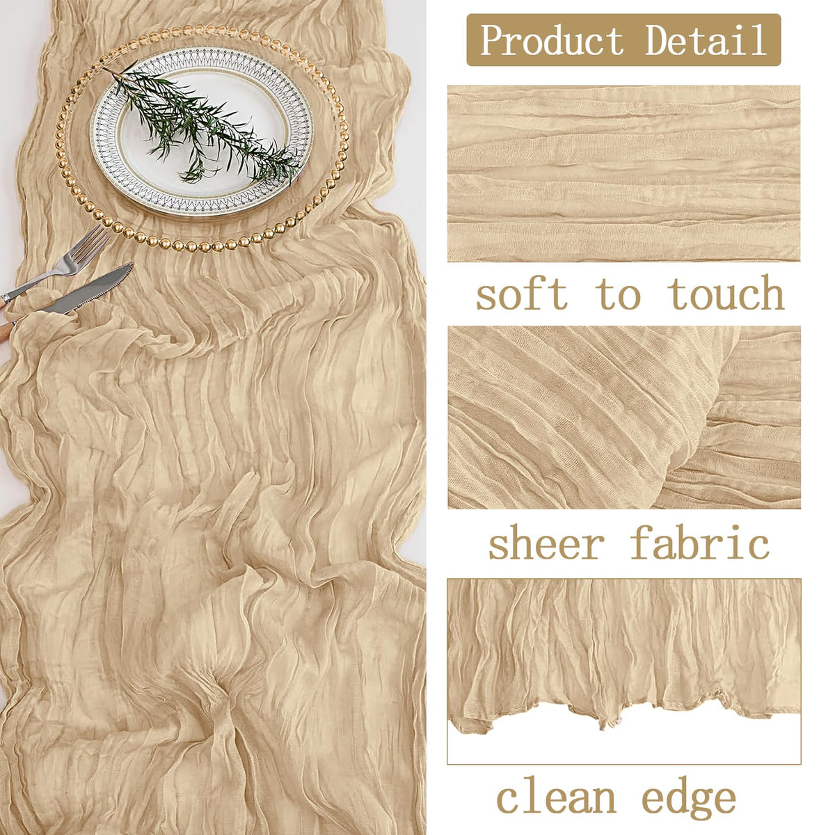 Beige 10 ft long runner adds light airy texture to banquet settings.