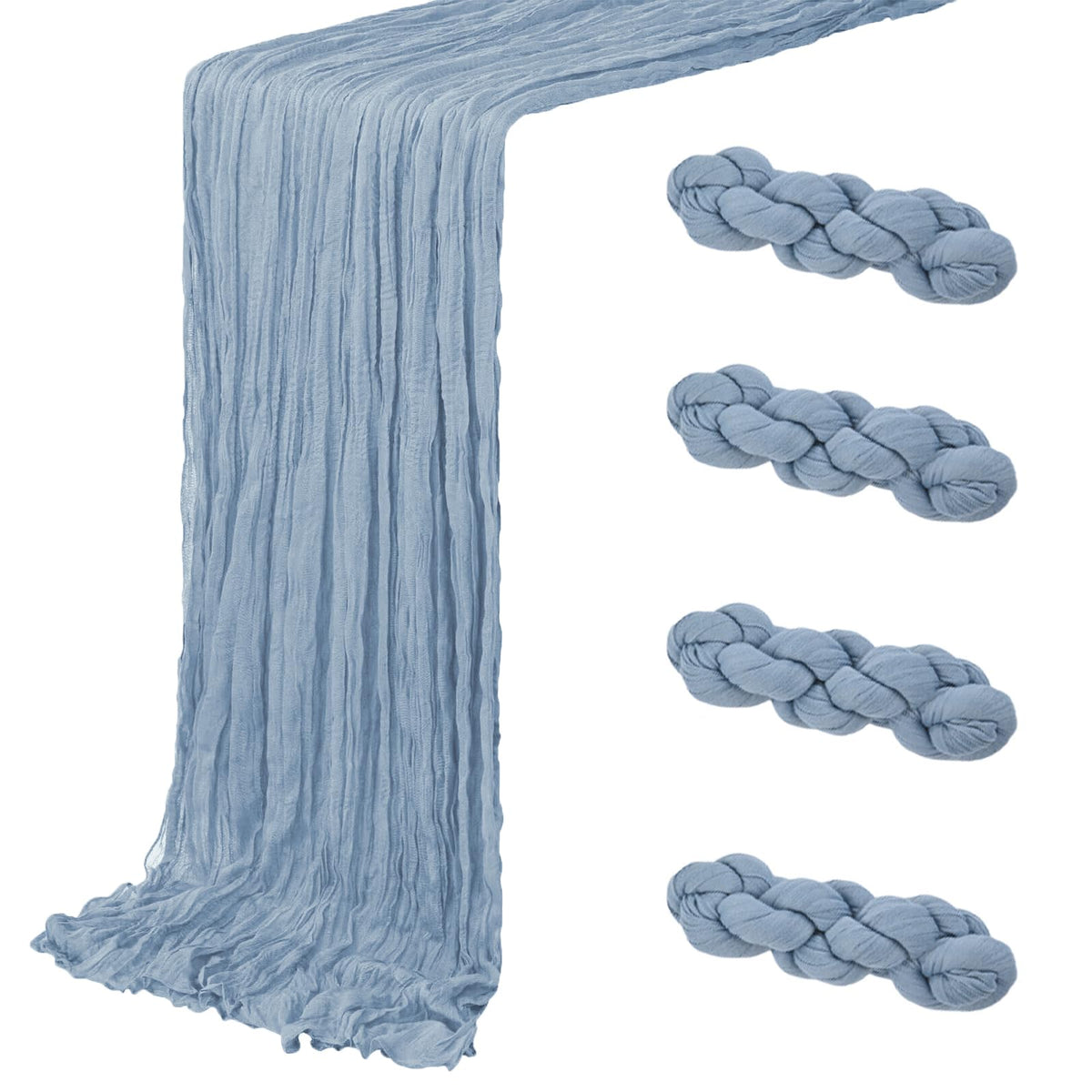 ACSUIT dusty blue cheesecloth table runner on a table for an elegant dining setup