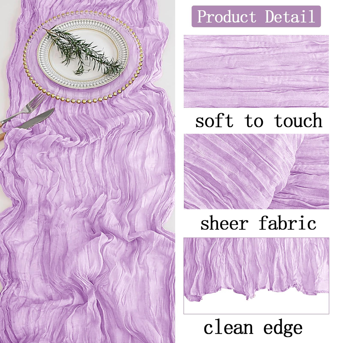 ACSUIT lavender gauze table runner closeup folds highlights delicate texture