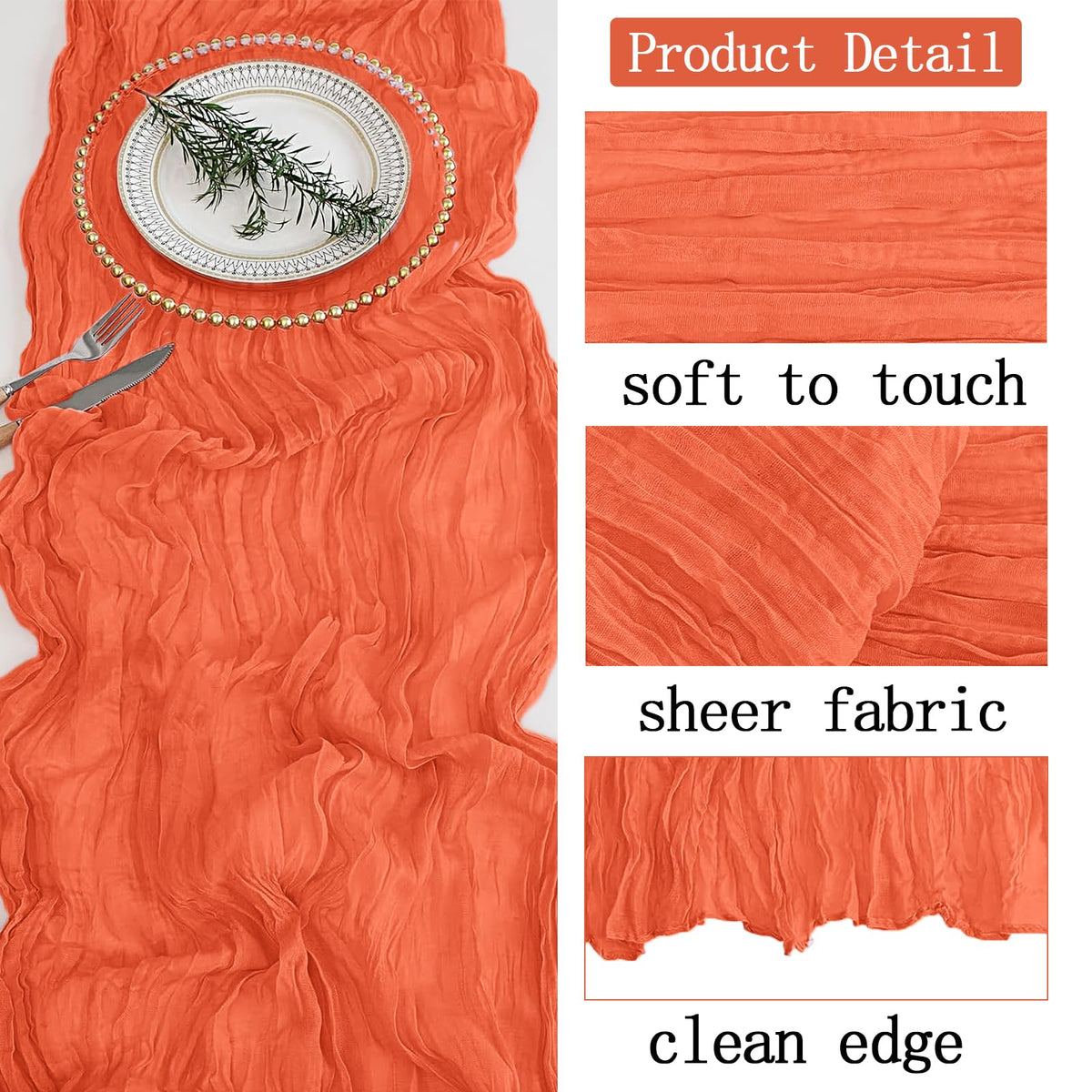 ACSUIT orange cheesecloth table runner with candles and flowers creates warm ambiance.
