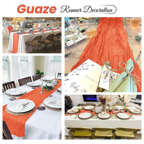 ACSUIT orange cheesecloth table runner draped on floor adds elegant accent.
