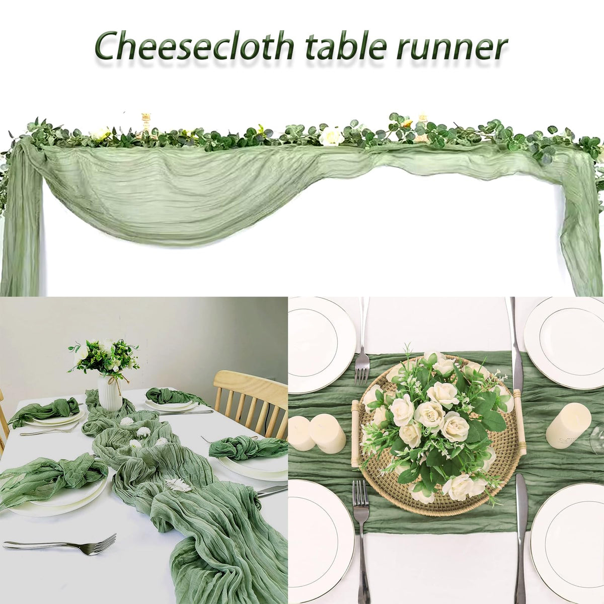 ACSUIT sage green cheesecloth table runner folded display with soft folds