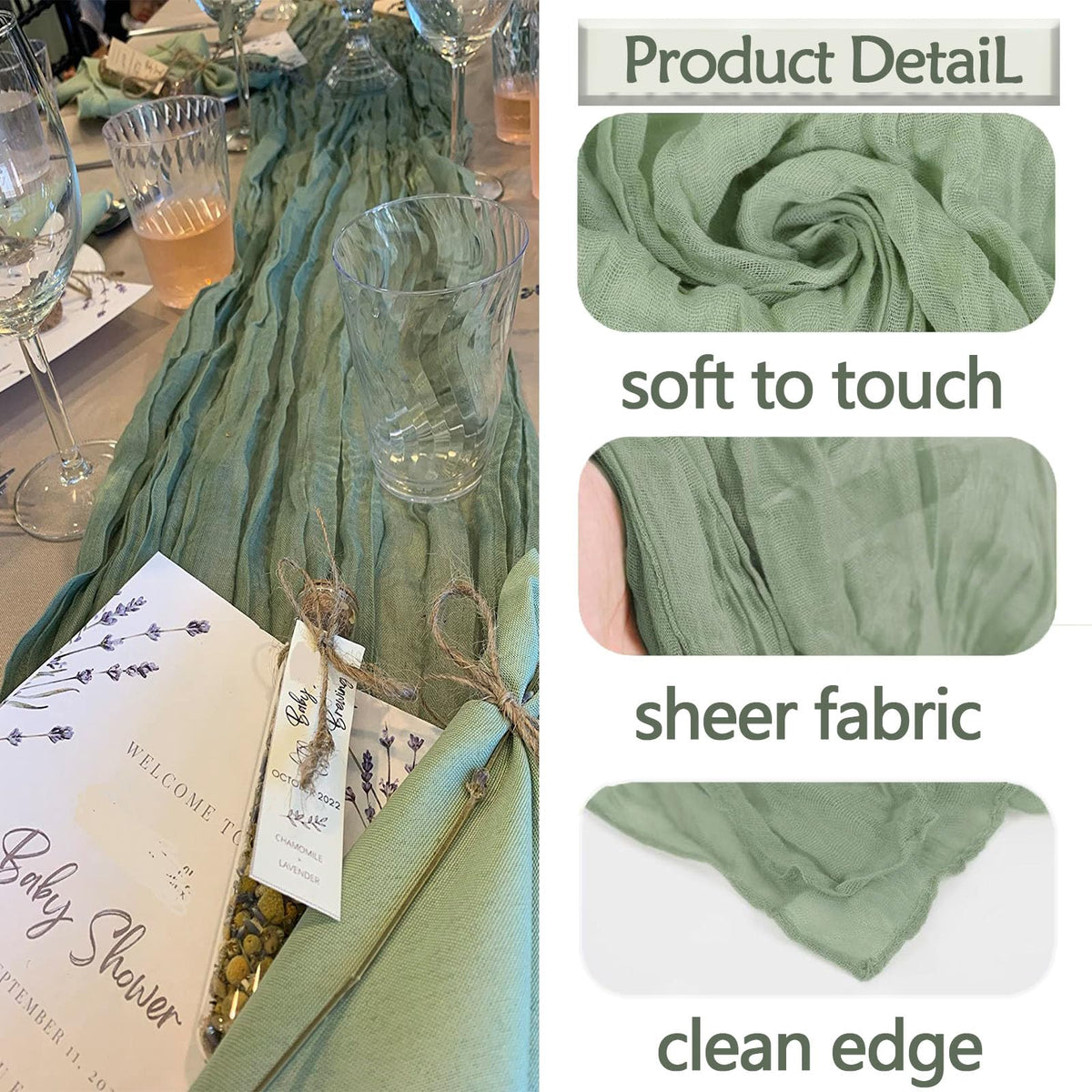 ACSUIT sage green cheesecloth table runner on wedding dining table setup