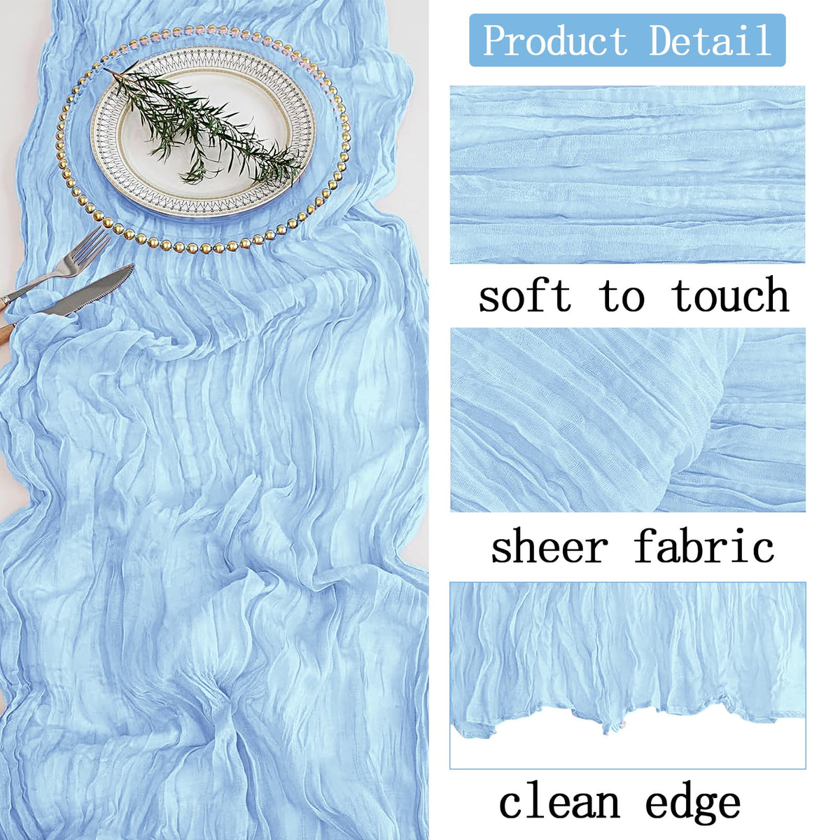 ACSUIT cheesecloth runner draped over arch decor for soft, elegant backdrop.