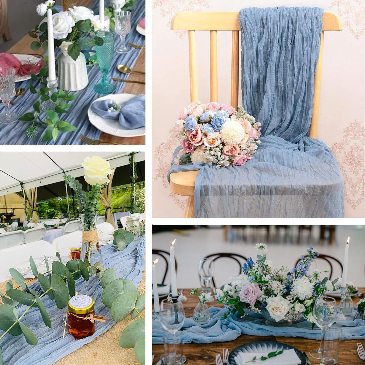 ACSUIT wedding reception table decorated with dusty blue cheesecloth runner