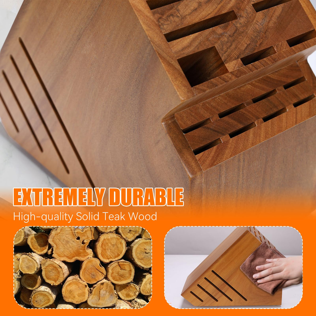 ACTESE teak knife block is easy to clean with a damp cloth
