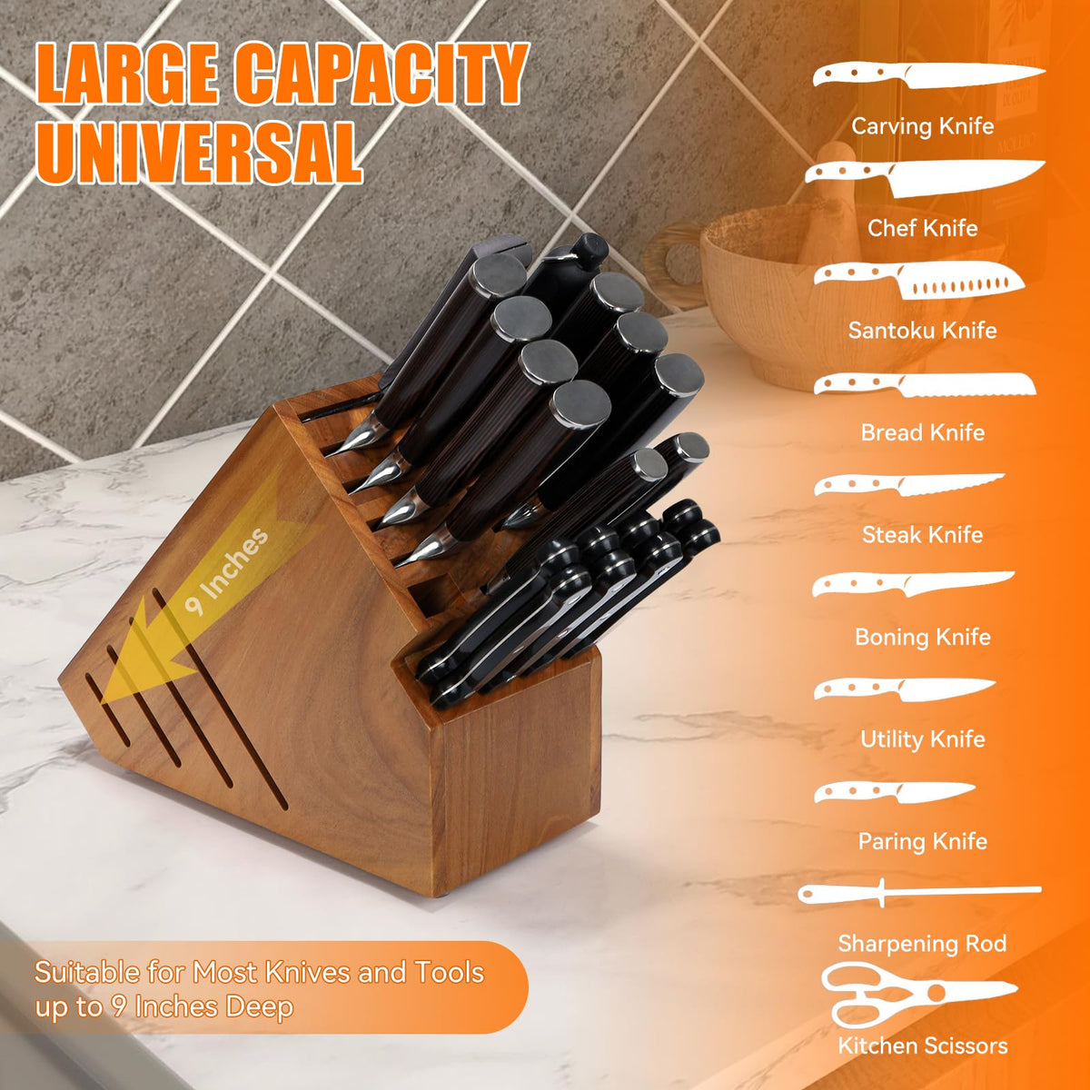 ACTESE teak knife block ventilated sides promote quick drying after use