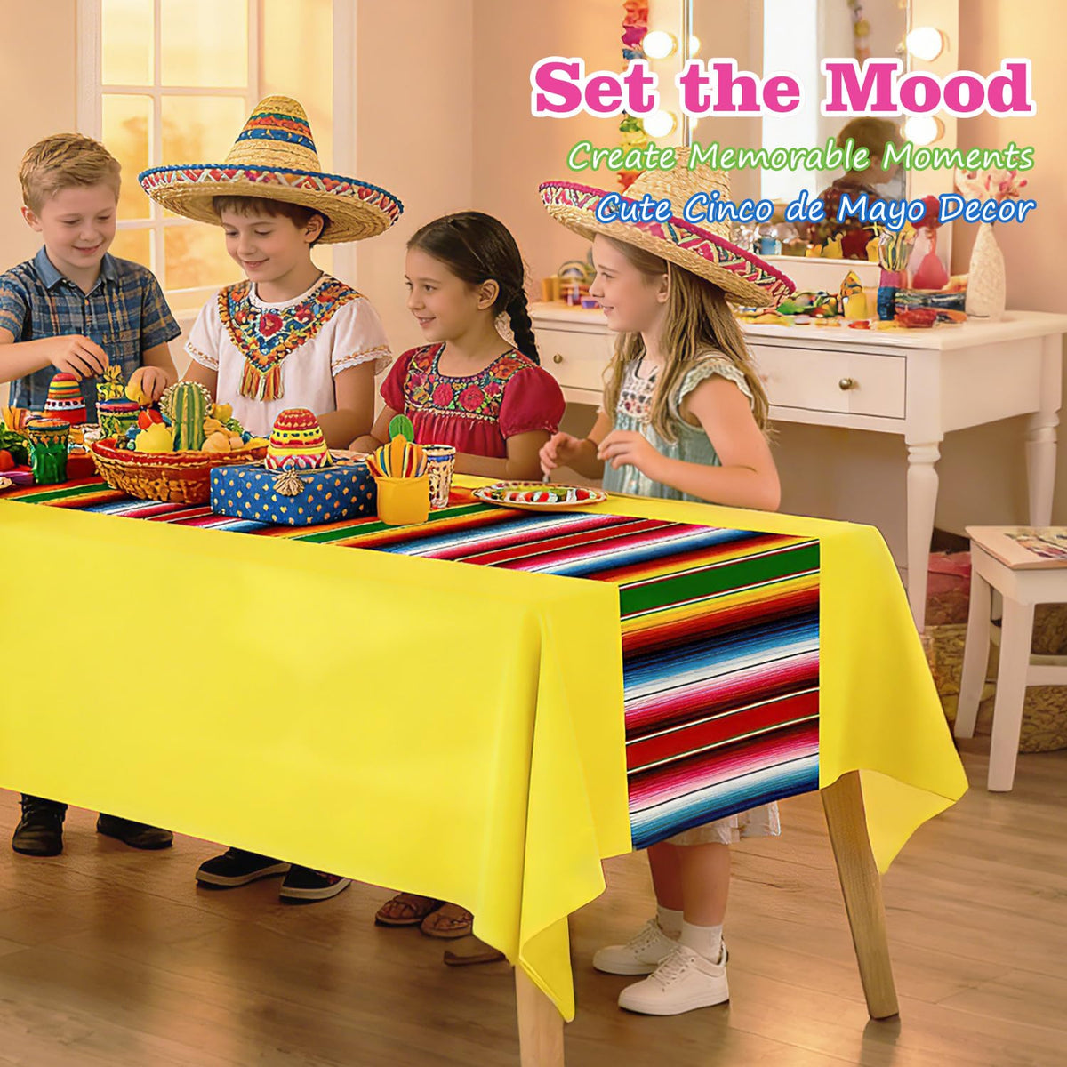 Actilize serape tablecloth in green brightens tables and helps with tidy disposal.