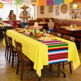 Actilize serape tablecloth in pink adds festive flair and quick post-party cleanup.