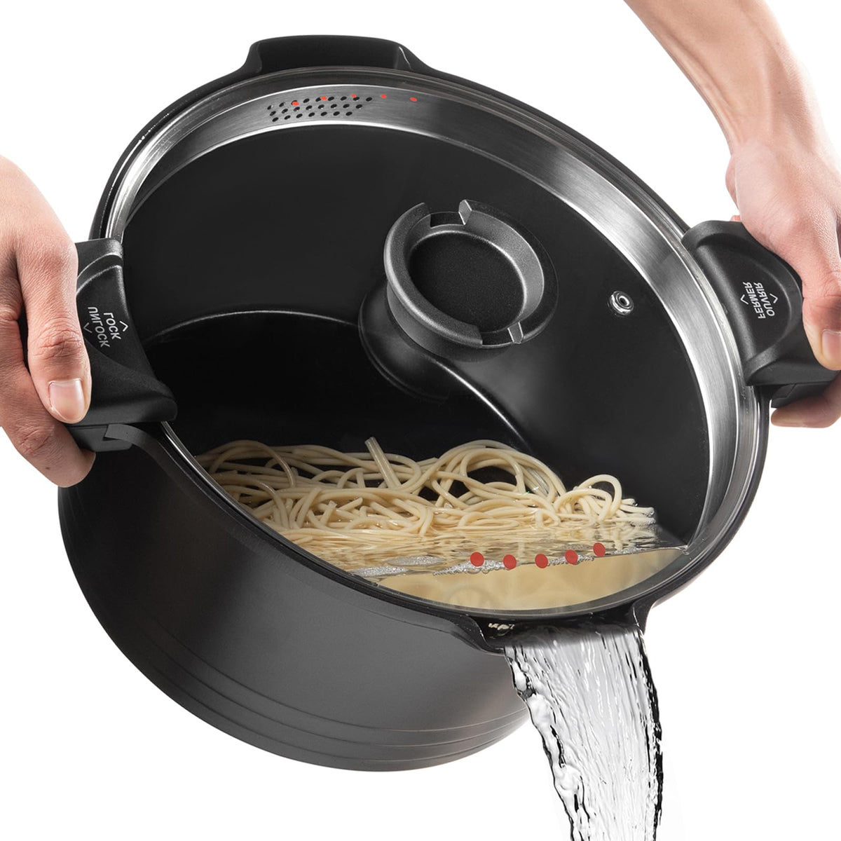 ACTIV CUISINE 8.5qt pasta pot with strainer lid for easy draining.