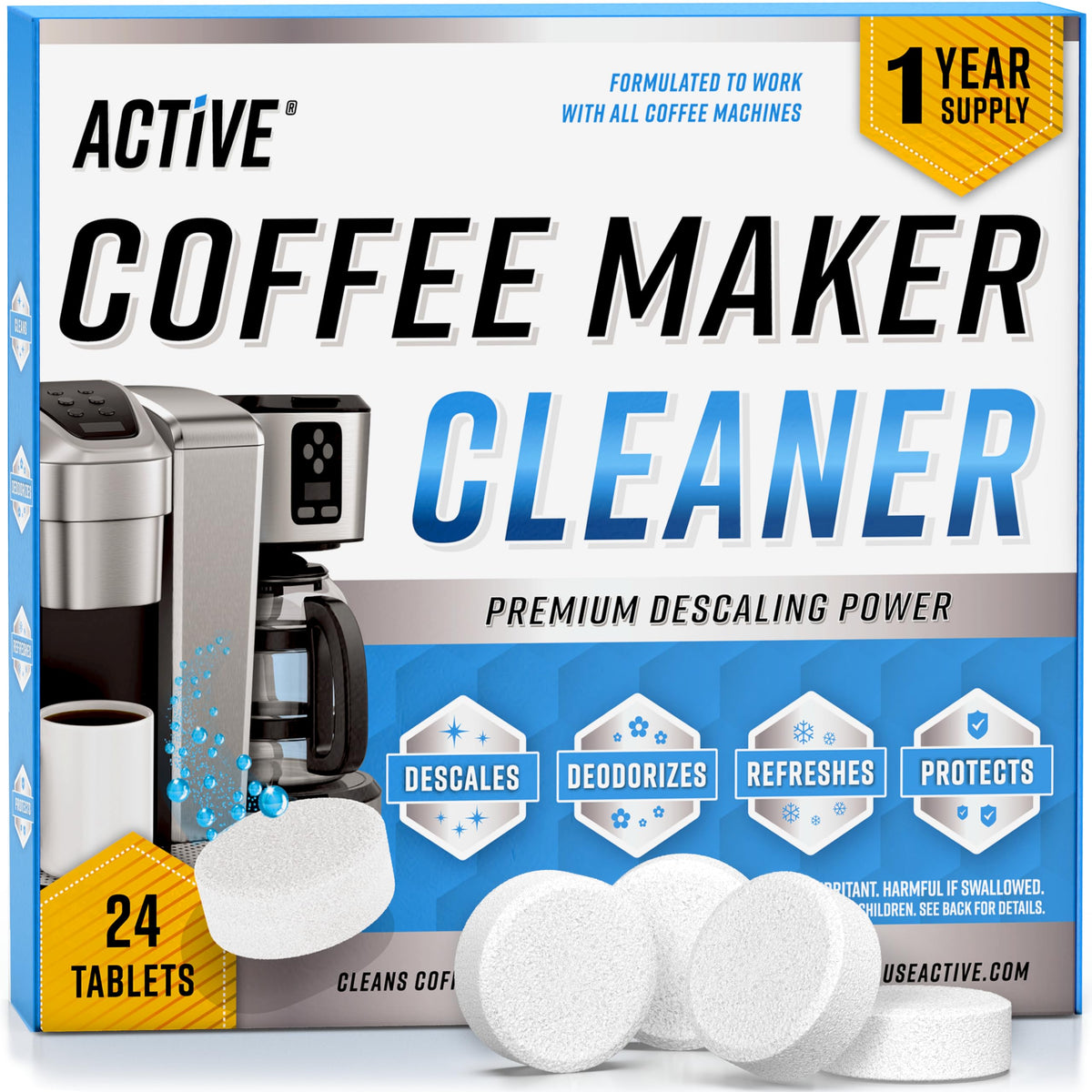 ACTIVE Coffee Cleaner Tablets bottle front showing a year supply for easy descaling.