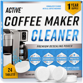 ACTIVE Coffee Cleaner Tablets bottle front showing a year supply for easy descaling.