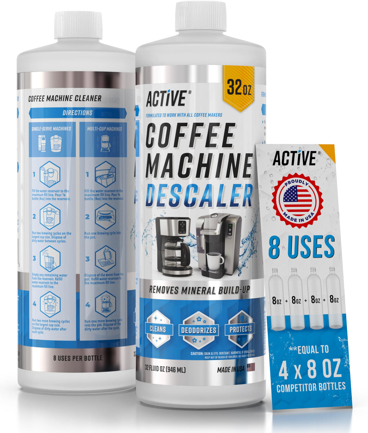 ACTIVE coffee descaler 32oz bottle ready for thorough brewer cleaning