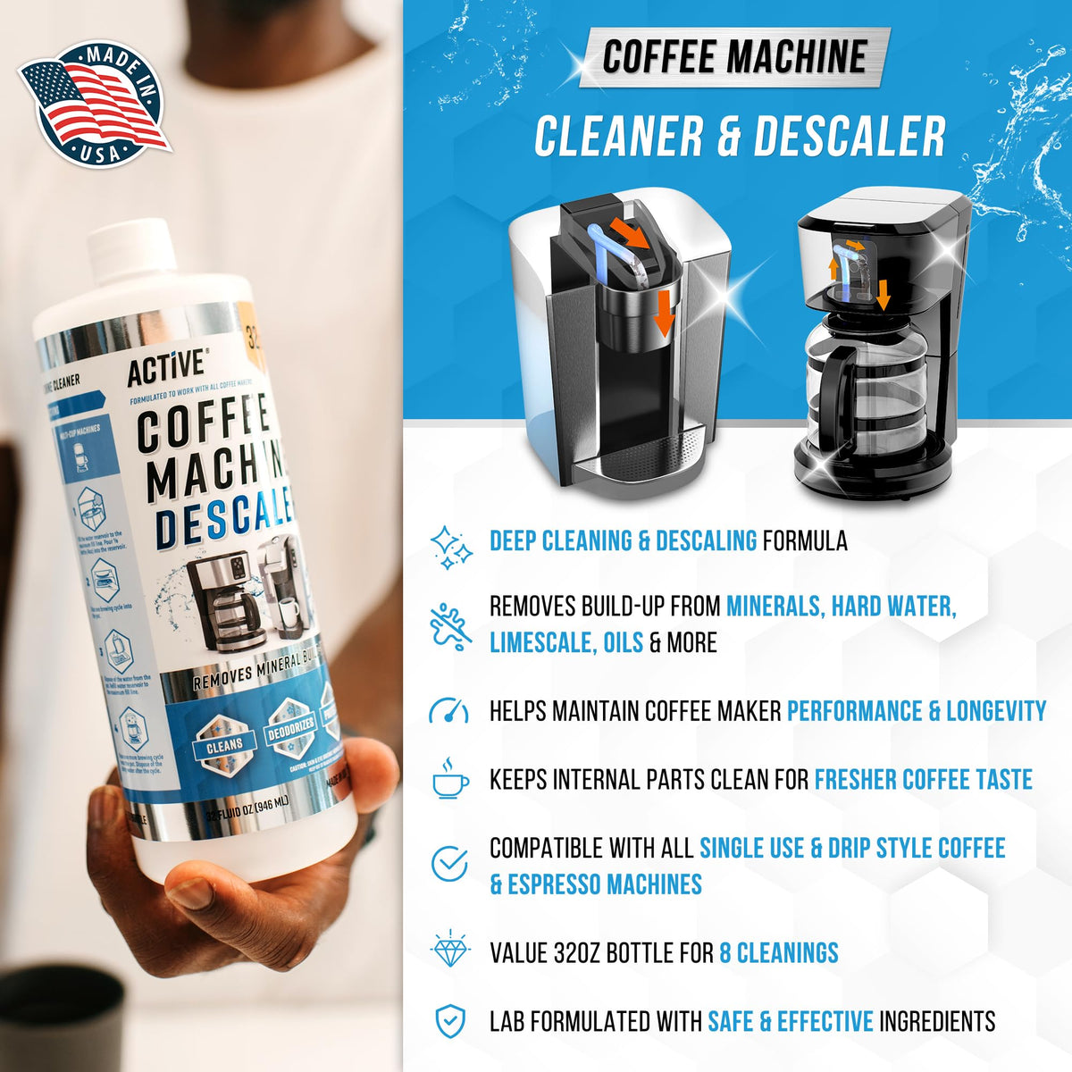 ACTIVE coffee descaler bottle pour enables precise four-ounce dosing during cleaning