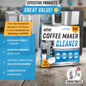 ACTIVE Lifespan care shot hints at extending coffee maker life with routine cleaning.