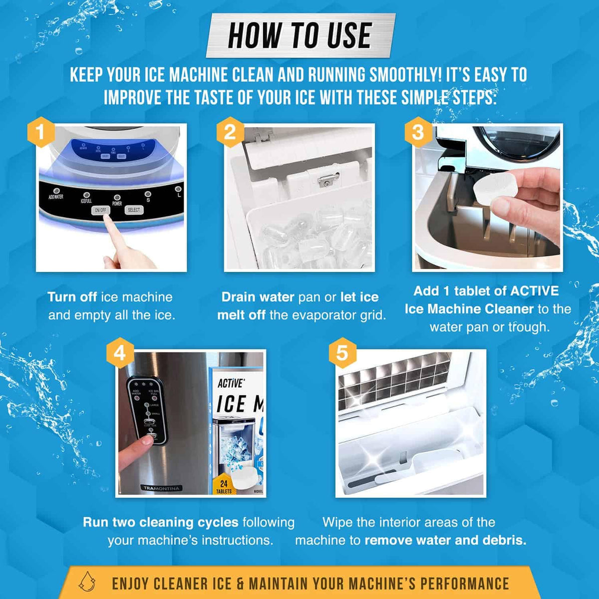 ACTIVE countertop ice maker cleaner action close-up demonstrating cleaning process.