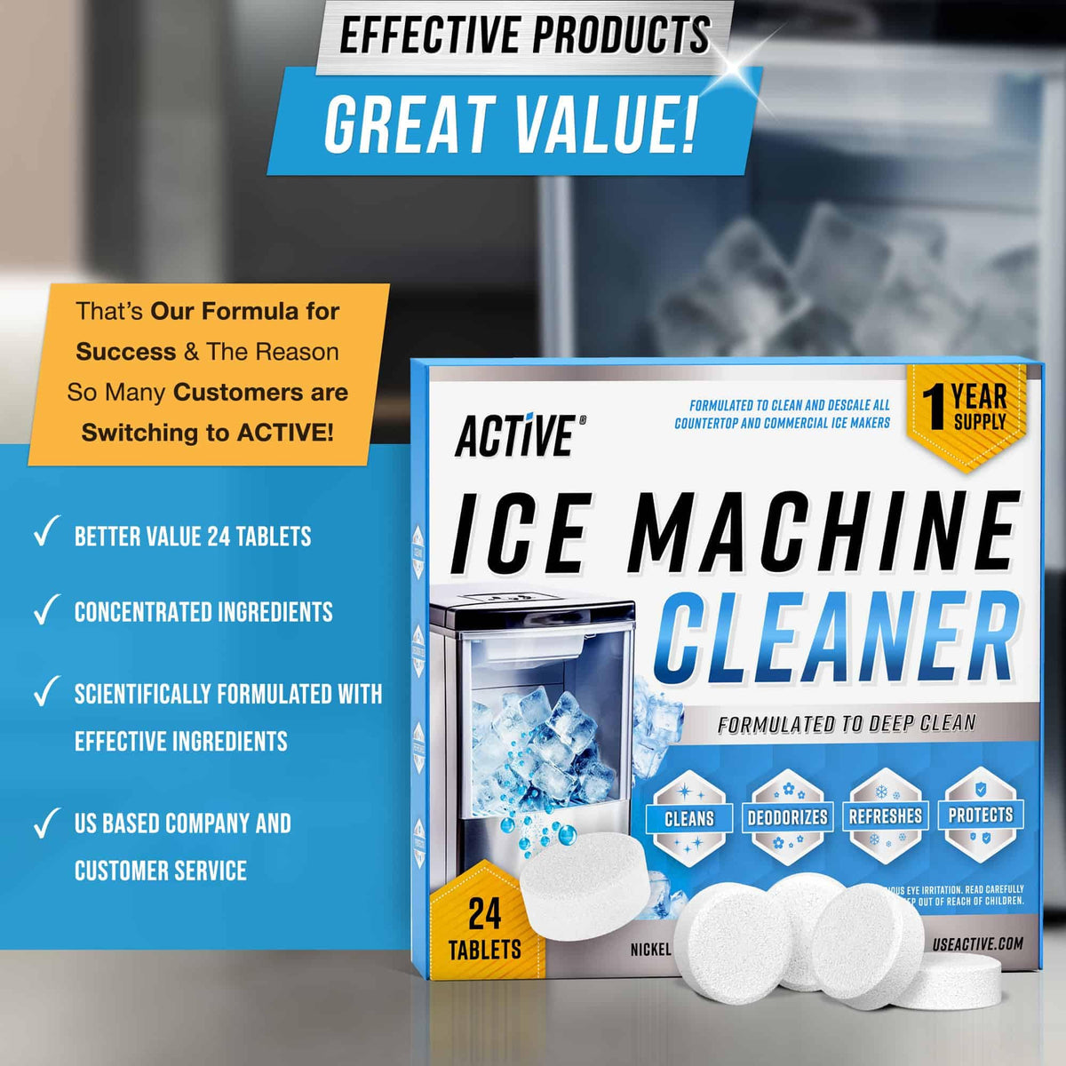 ACTIVE crystal-clear ice after descaling highlights improved ice quality.