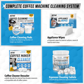 ACTIVE Descaling action on appliance visual suggests removal of mineral buildup and grime.