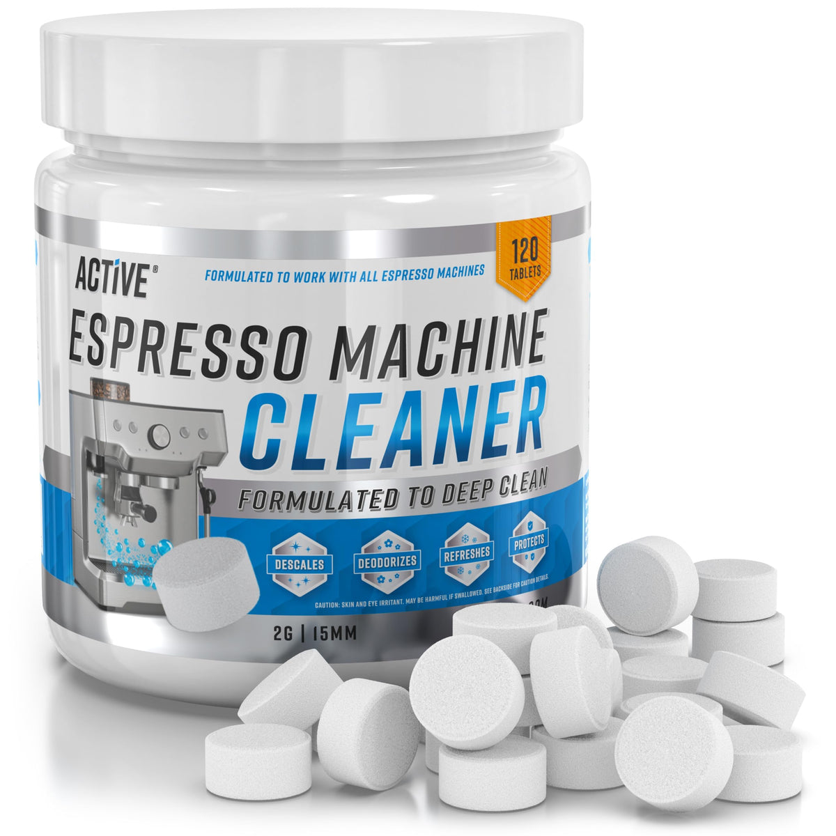 ACTIVE espresso cleaning tablets close-up for deep group-head cleaning.