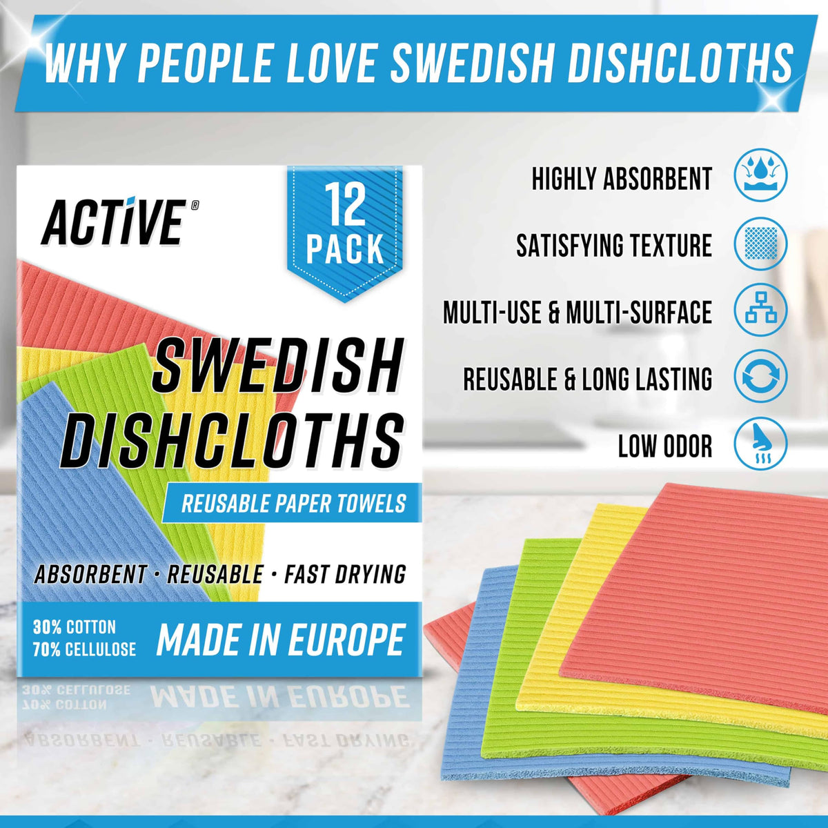 ACTIVE Swedish dishcloths 12-pack close-up texture shows absorbency