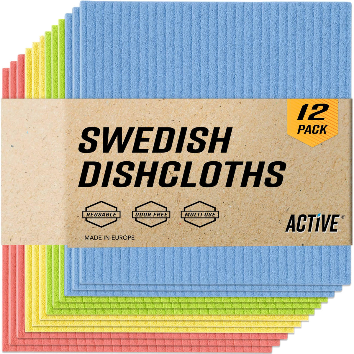 ACTIVE Swedish dishcloths 12-pack multicolor on sink, quick cleanup