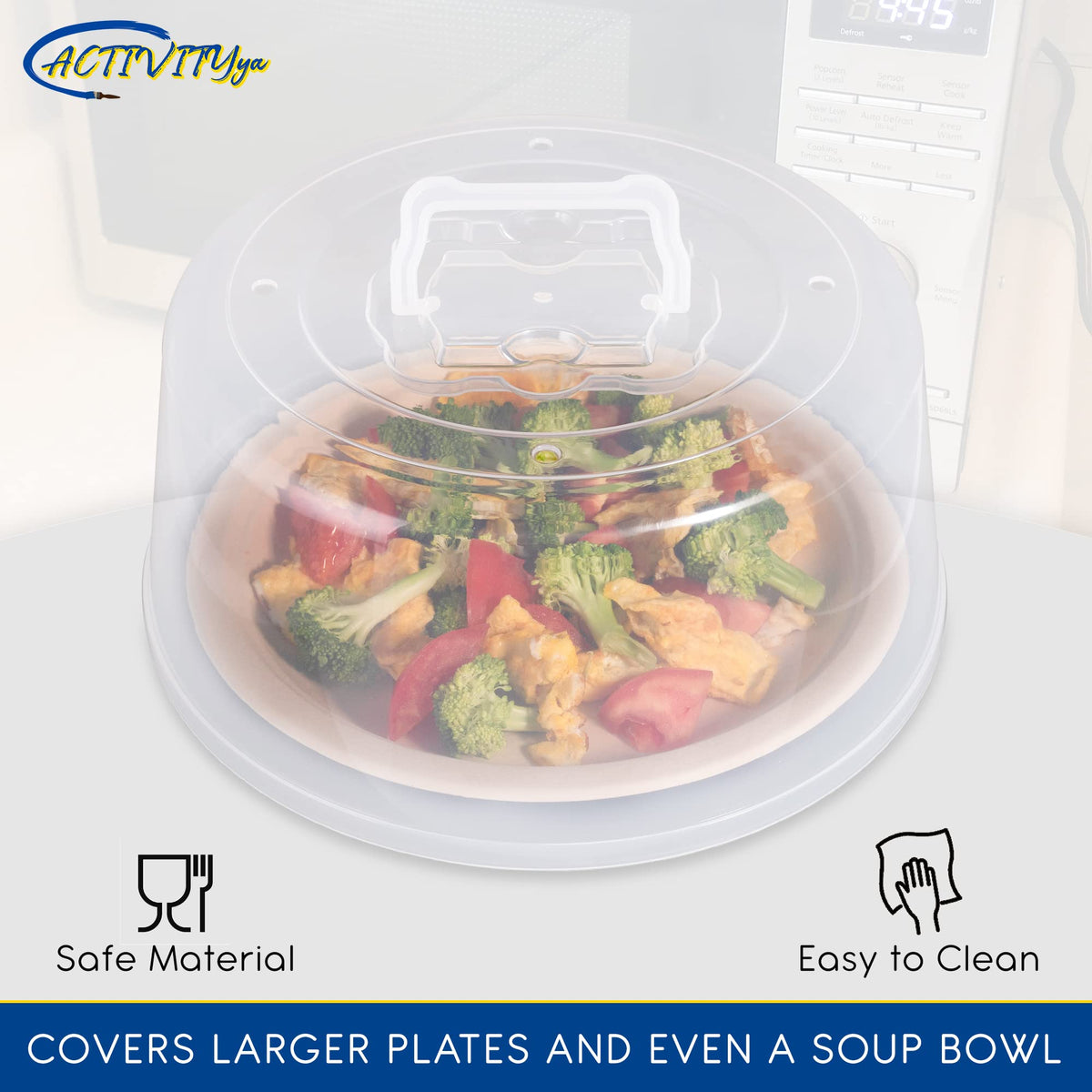 ACTIVITYYA stackable microwave covers save counter space and simplify storage.
