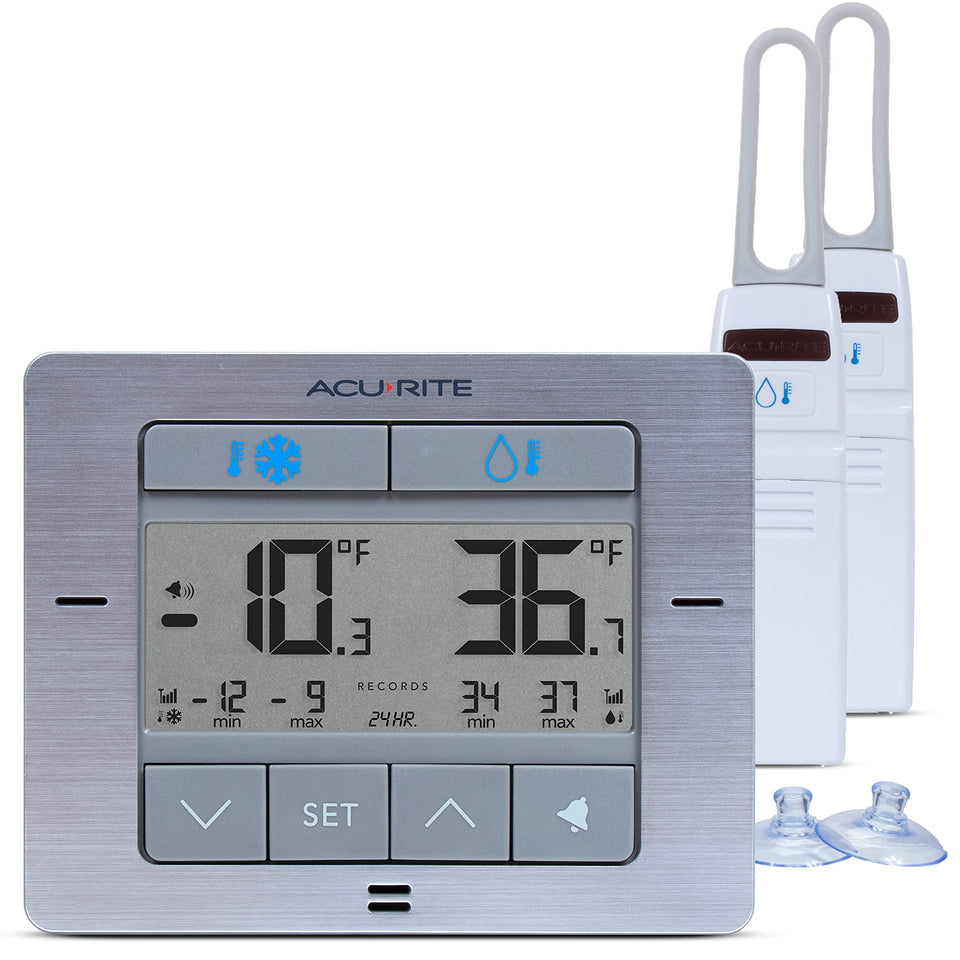 AcuRite digital display showing fridge and freezer temps for quick monitoring.