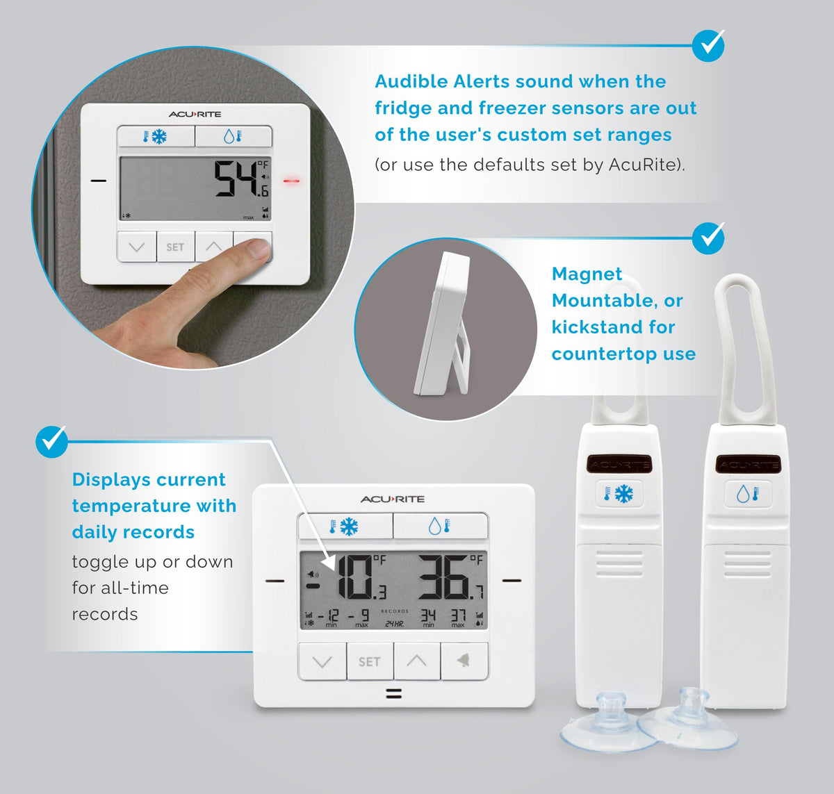 AcuRite fridge sensor wirelessly sends readings to the main display for easy monitoring.
