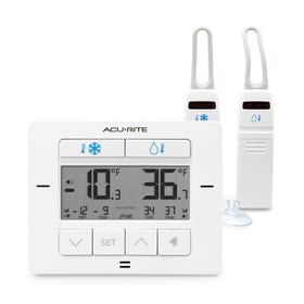 AcuRite matte white display with dual wireless sensors shows fridge and freezer temps at a glance.