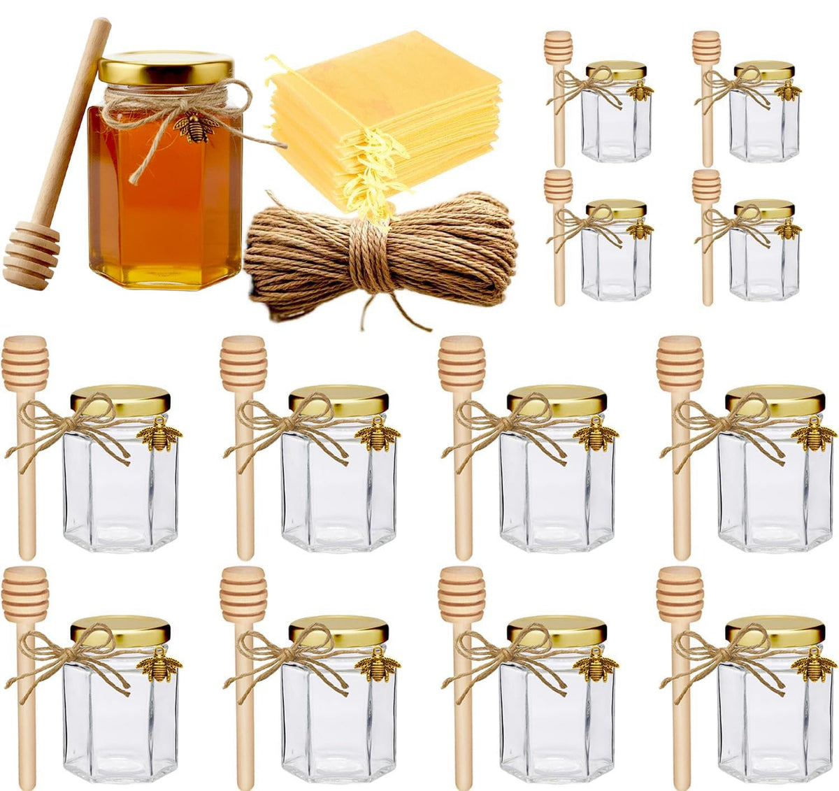 Adabocute hexagonal honey jar 4oz with bee charms for elegant wedding favors