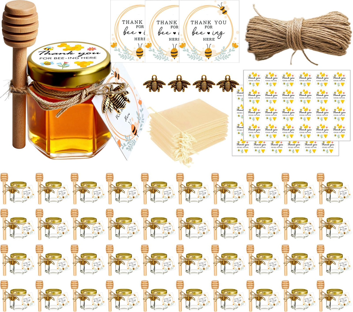 Adabocute honey pots with wood dipper and gold lids, ideal for wedding favors.
