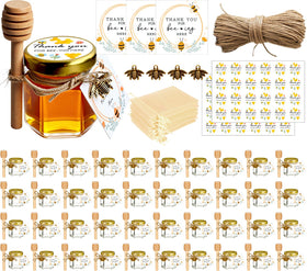 Adabocute honey pots with wood dipper and gold lids, ideal for wedding favors.
