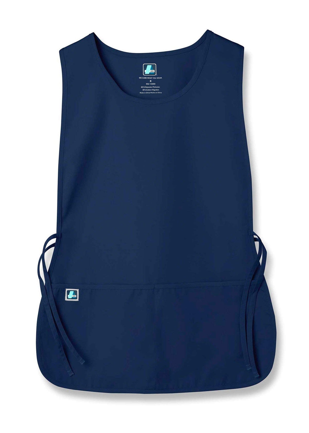 Back view of the navy cobbler apron showing full coverage.