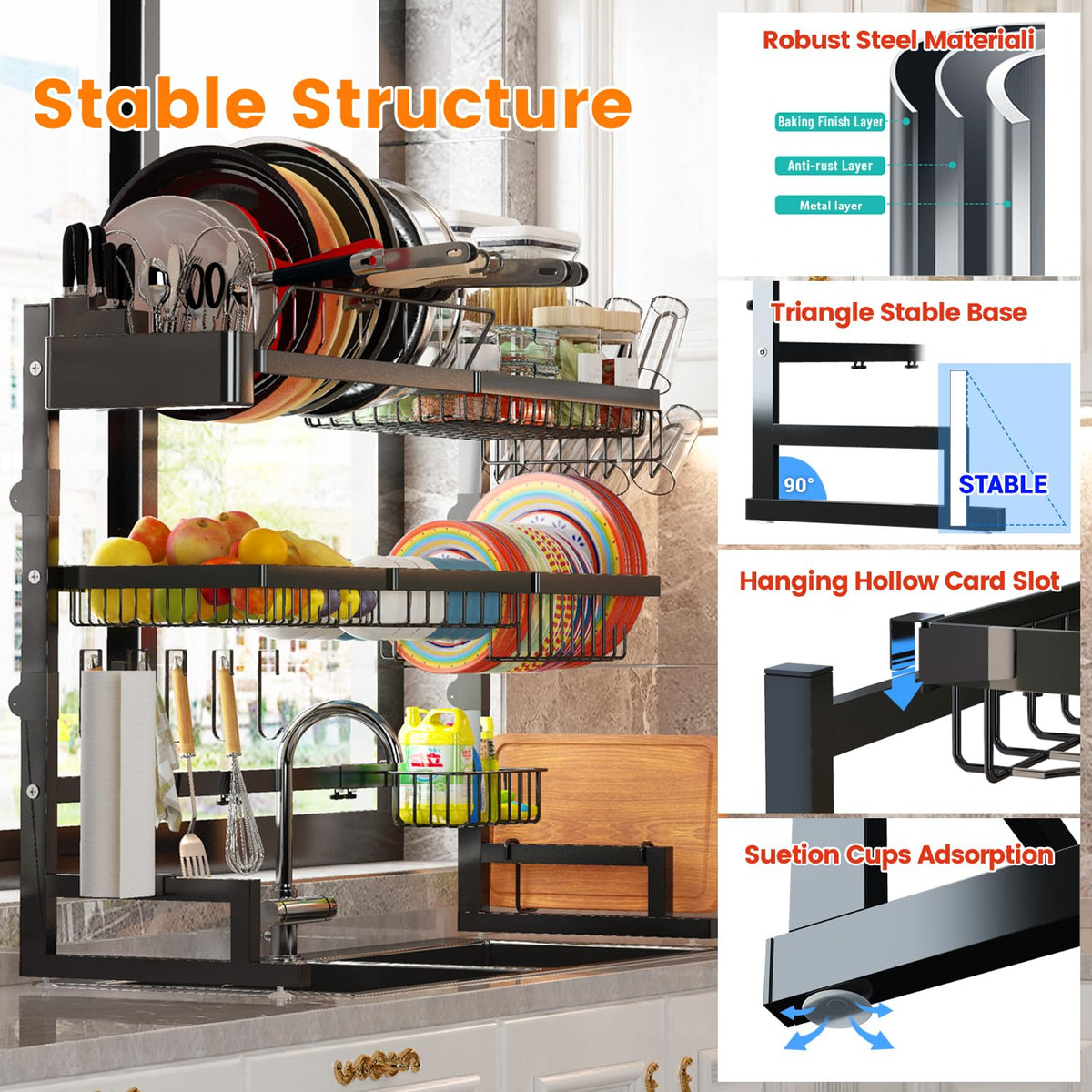 ADBIU black finish metal construction resists rust and cleans easily.