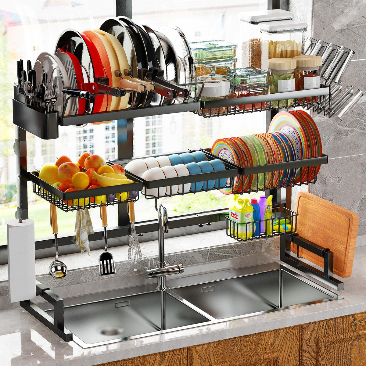 ADBIU kitchen counter organizer keeps drying items neatly within reach.