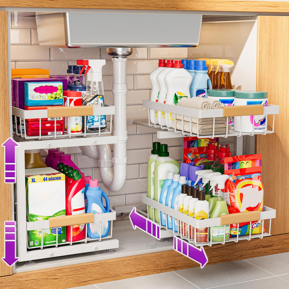 ADBIU under-sink organizer 2-pack assembly showing adjustable fit behind pipes