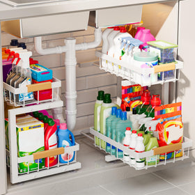 ADBIU 2-tier under-sink organizer keeps cleaners accessible