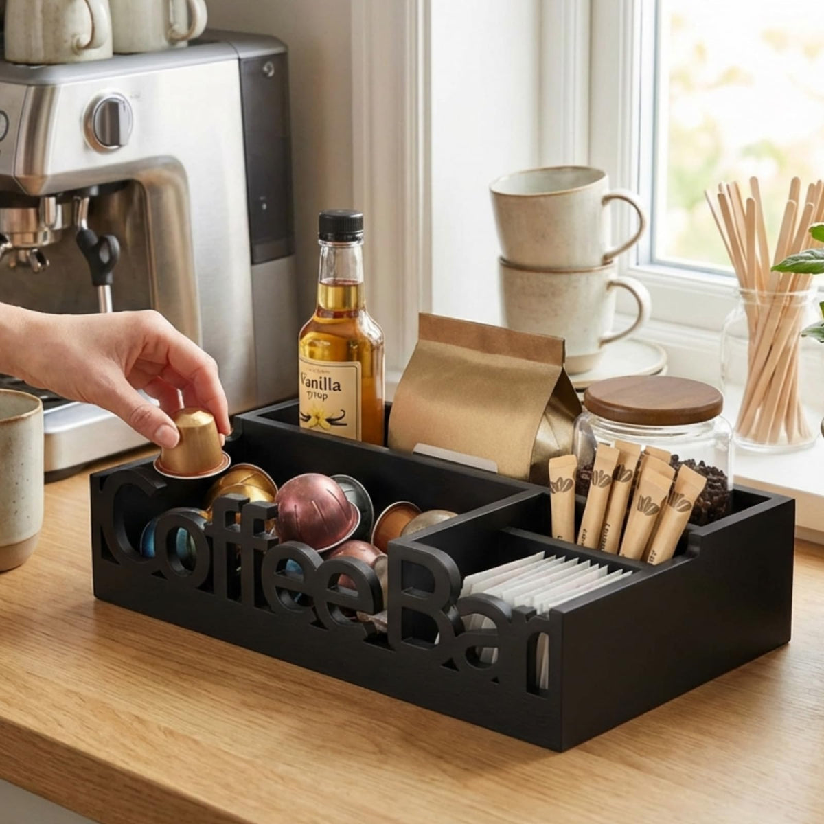 ADDFIT HOUSE Coffee Bar Organizer with sugar packets in accessible section