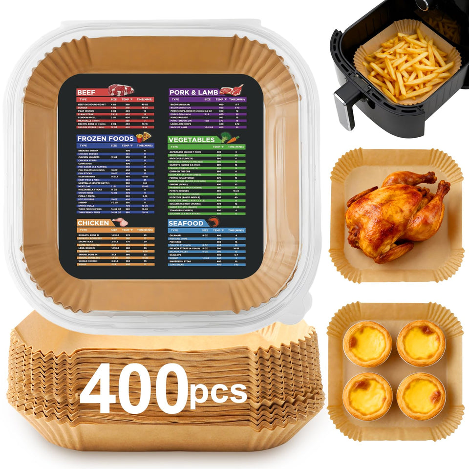 Adhjito 400pcs 8-inch square air fryer liners pack for easy cleanup