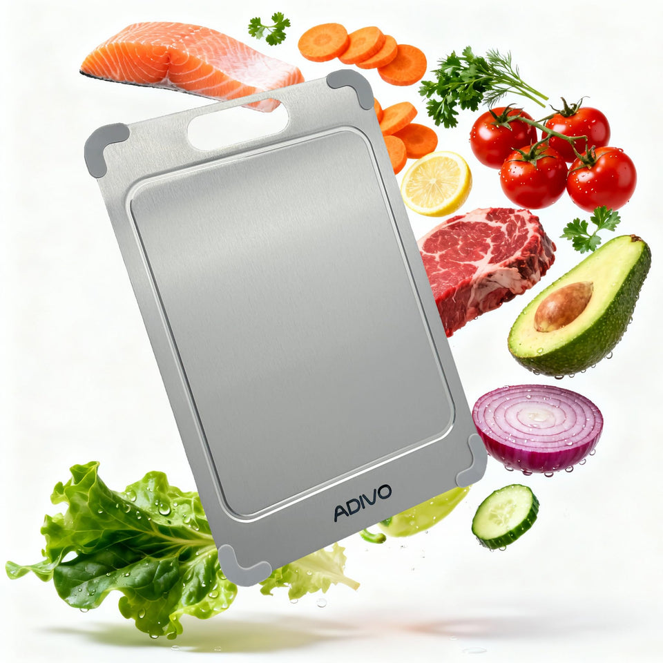 ADIVO titanium cutting board double sided with juice groove for mess free meal prep.