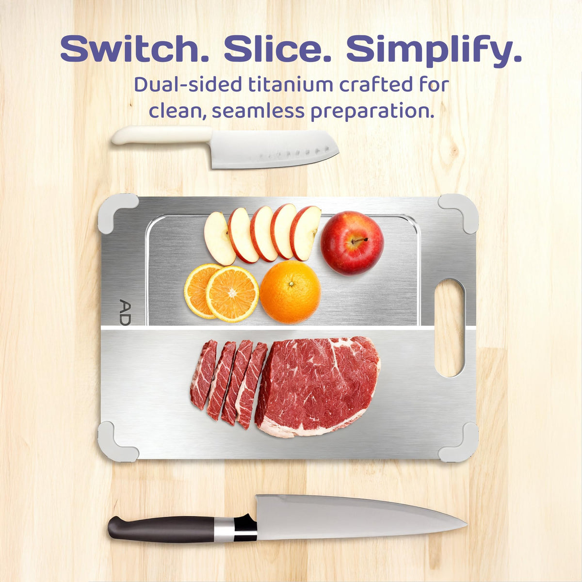 ADIVO cutting board non slip corner pads keep it steady during chopping.